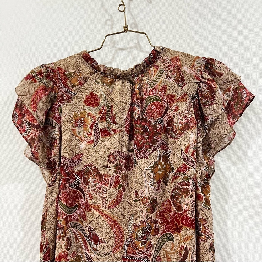 Joie Floral metallic Cap Ruffle Sleeve Size Medium Lined Brown Red Blouse Top - Picture 5 of 11